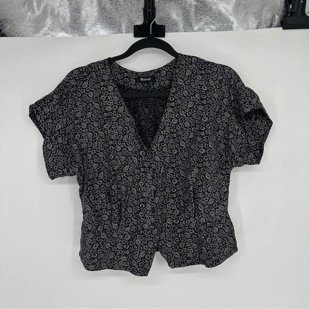 Madewell Pleated Black & White Short Sleeve Top Medium - Picture 2 of 7